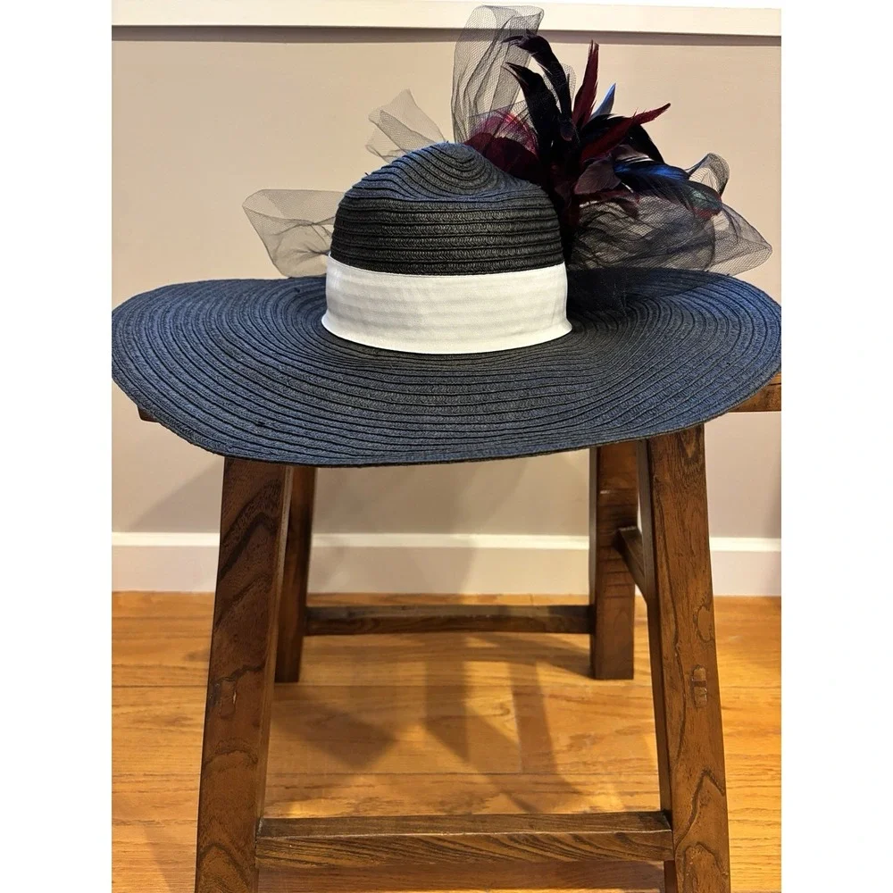Ralph Lauren Black straw hat with feathers and Red flowers English Wedding